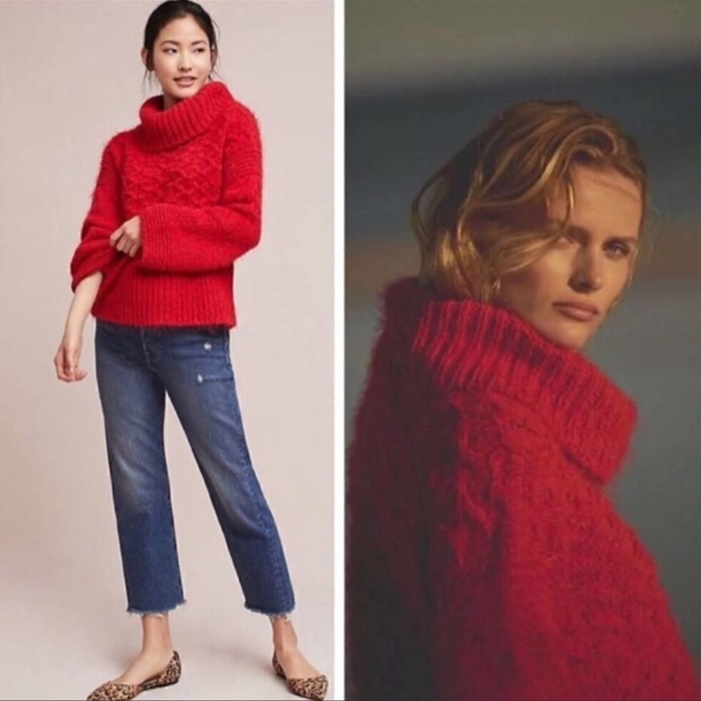 Anthropologie sleeping on snow red Torridon chunky cable eyelash knit sweater S - Picture 3 of 12
